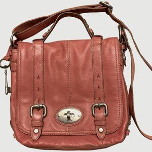 FOSSIL Maddox Brown Leather Flap Organizer Embossed Crossbody Bag Purse
